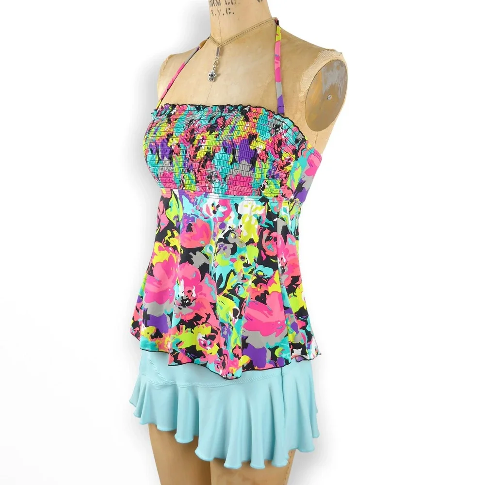 Y2K Neon Floral Tankini Top Smocked Halter Swim Kenneth Cole Retro Size S